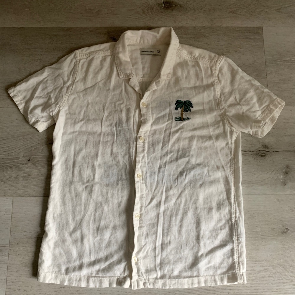 Abercrombie Kids White Linen Blend Tropical Monkey Embroidered Shirt Size 11/12